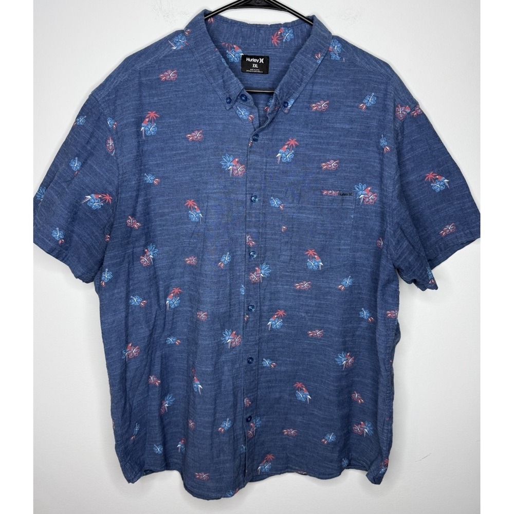 Hurley Shirt Men's XXL Blue Tropical Parrot Hibiscus Button Up Cotton Surf